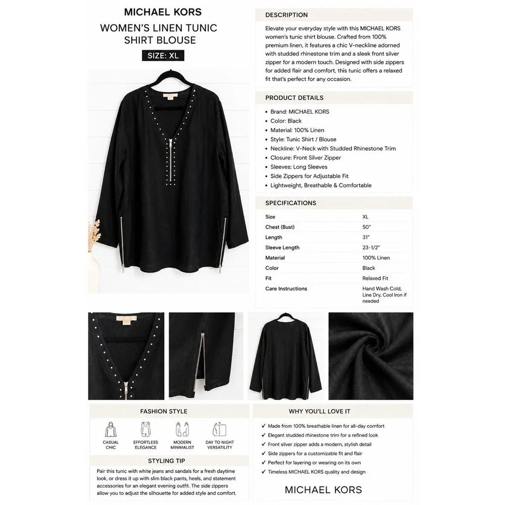 1X- Michael Kors Women's XL Black 100% Linen Rhinestone Zip Tunic Blouse